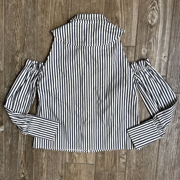Walter Baker Womens Navy Striped Button Down Shirt M Cold Shoulder Lace Ruffle - Picture 10 of 11